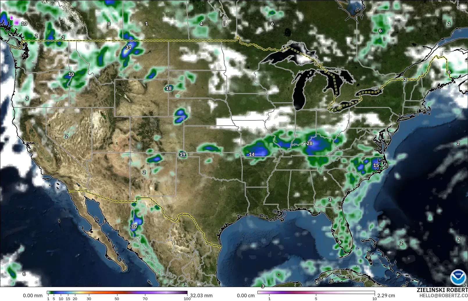 GFS model - United States, Precipitation, Clouds, and Pressure