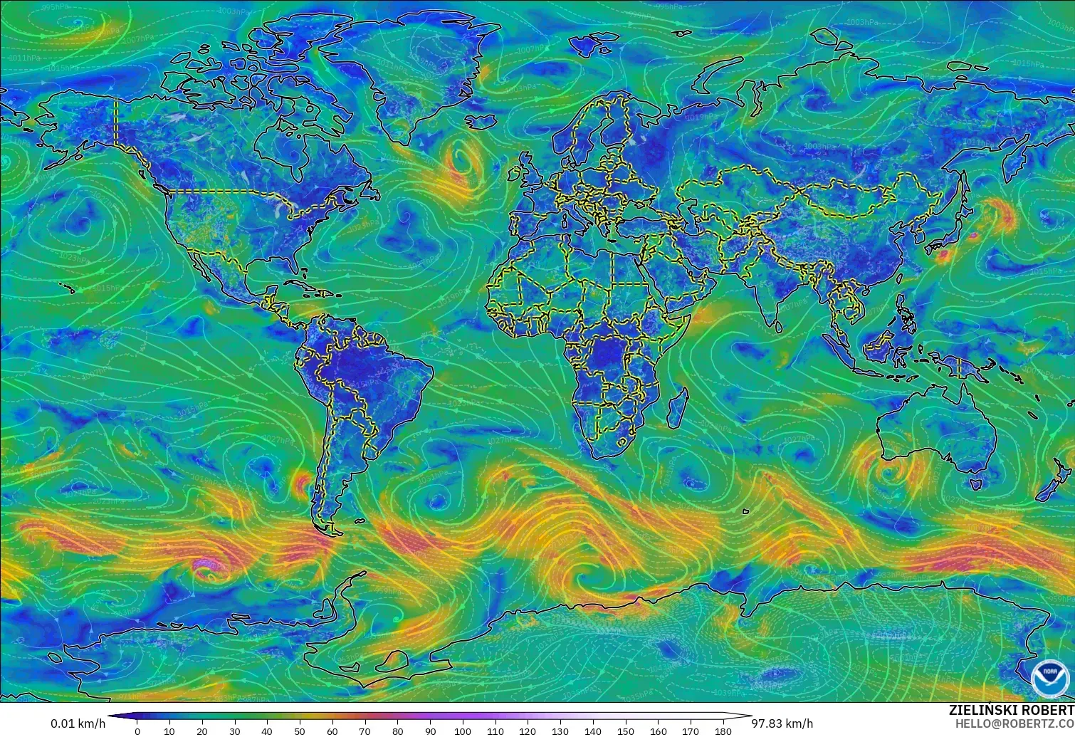 GFS model - World, Wind at 10m