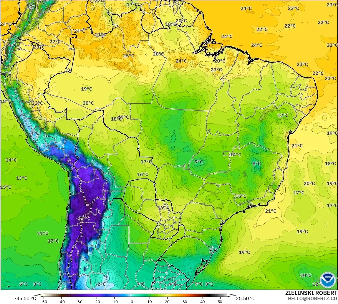 GFS model - Brazil, Dewpoint at 2m