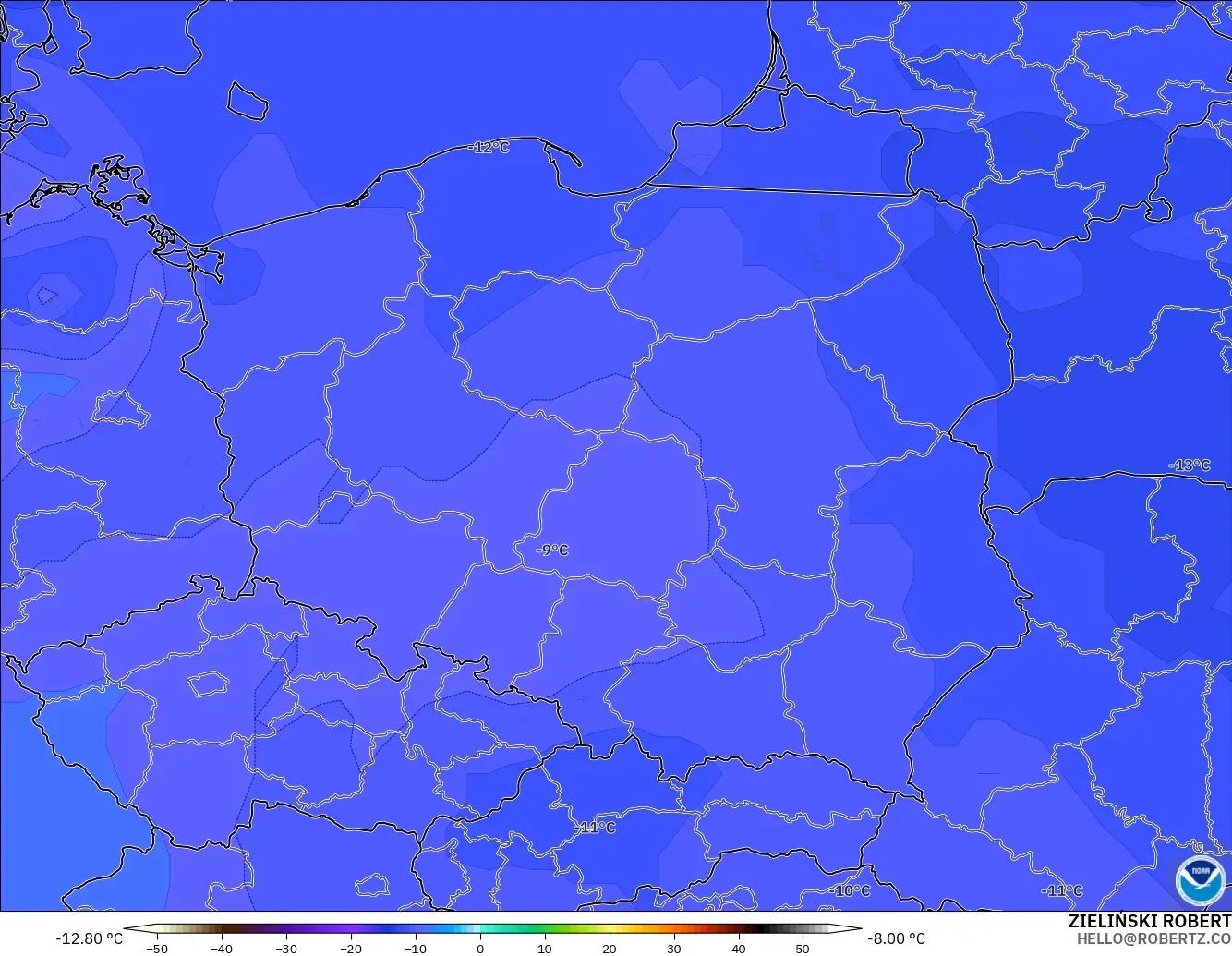 GFS model - Poland, Temperature at 500hPa