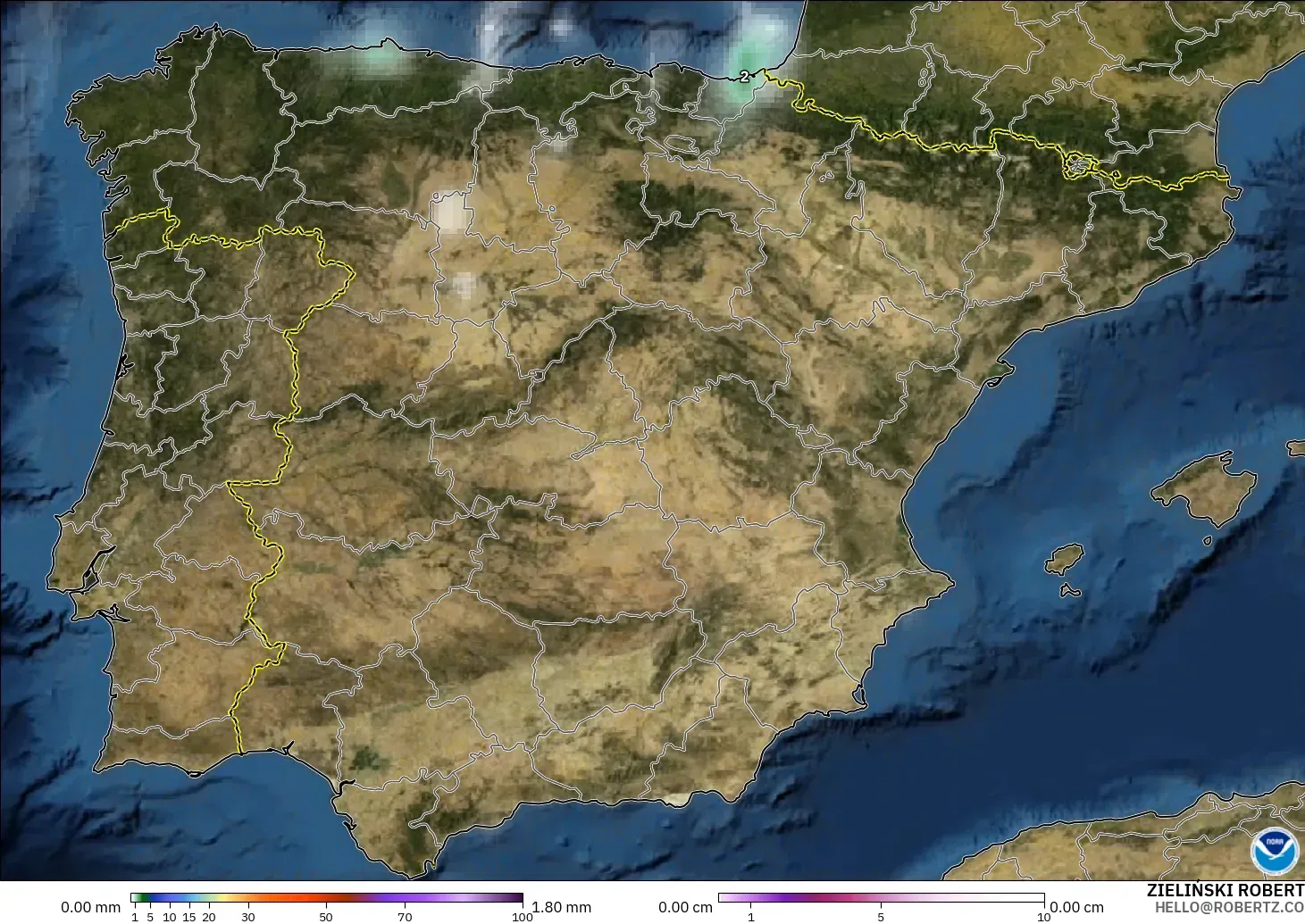 GFS model - Spain, Precipitation, Clouds, and Pressure
