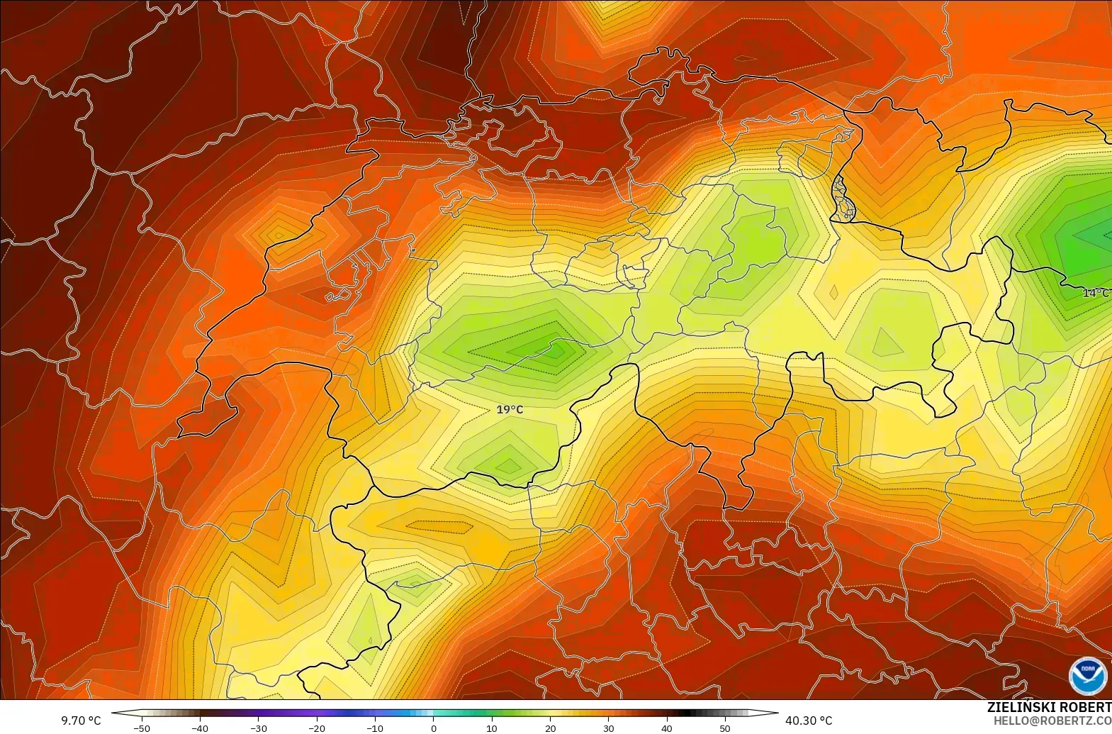 GFS model - Switzerland, Temperature at 2m