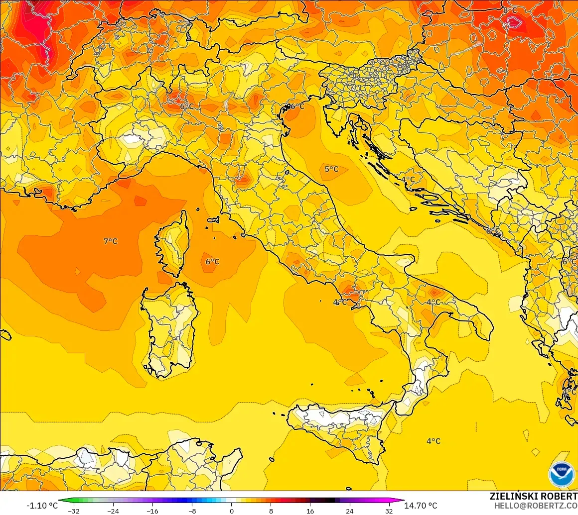 GFS model - Italy, Temperature at 2m Anomaly