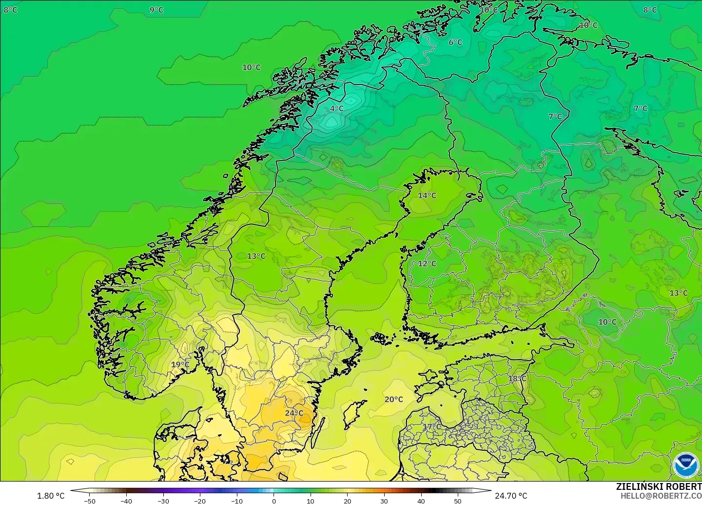 GFS model - Scandinavia, Temperature at 2m