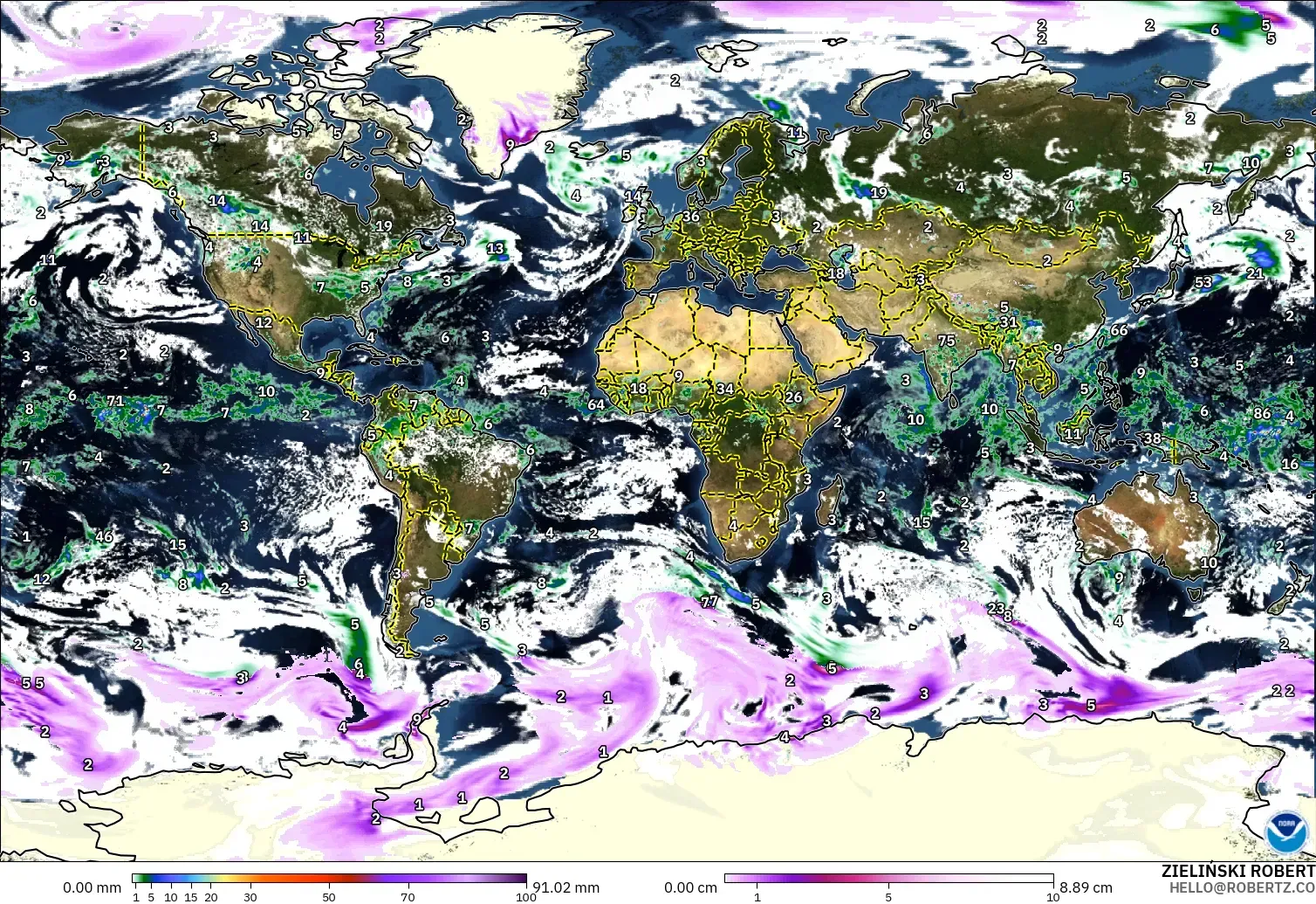 GFS model - World, Precipitation, Clouds, and Pressure