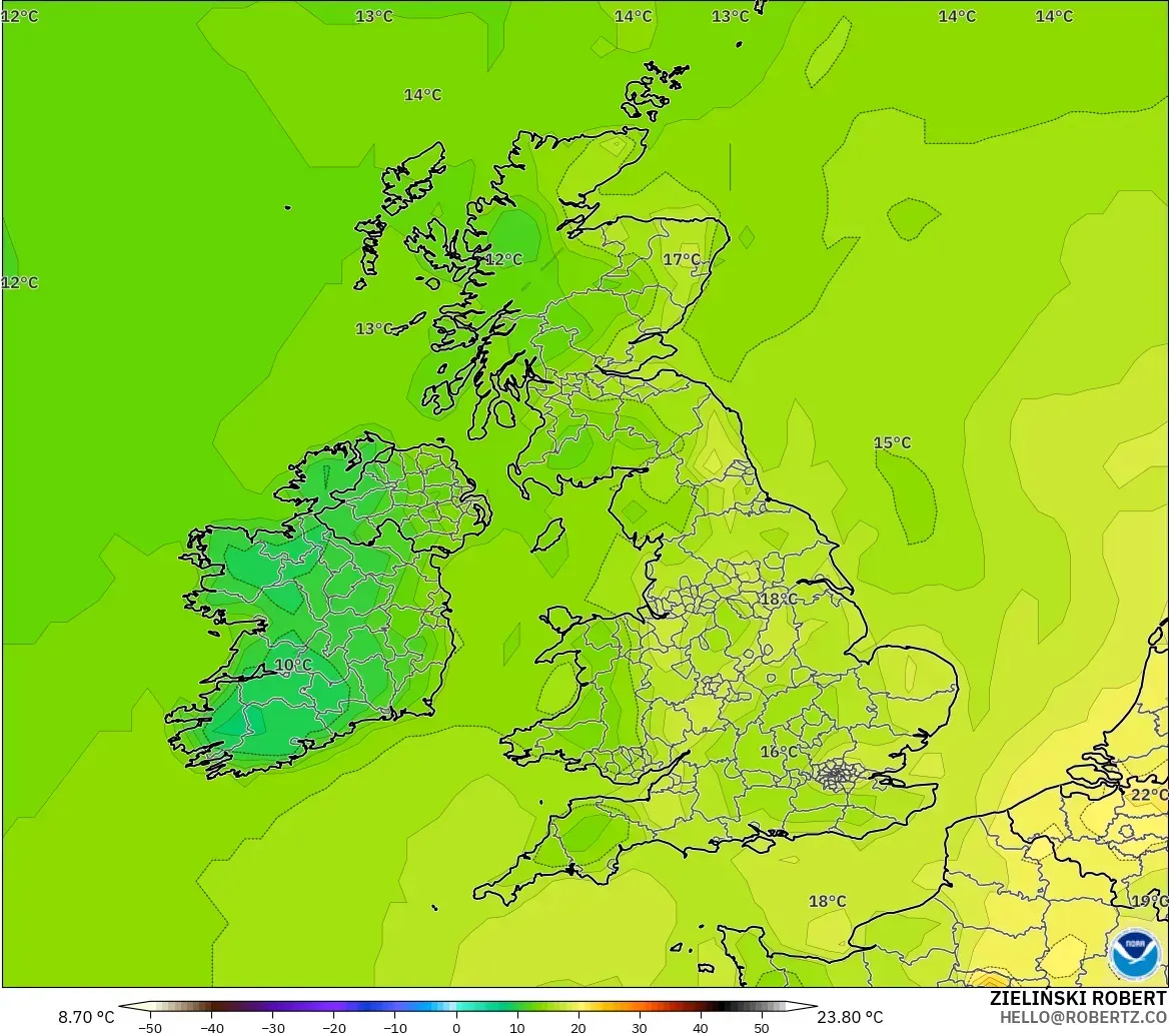 GFS model - United Kingdom, Temperature at 2m