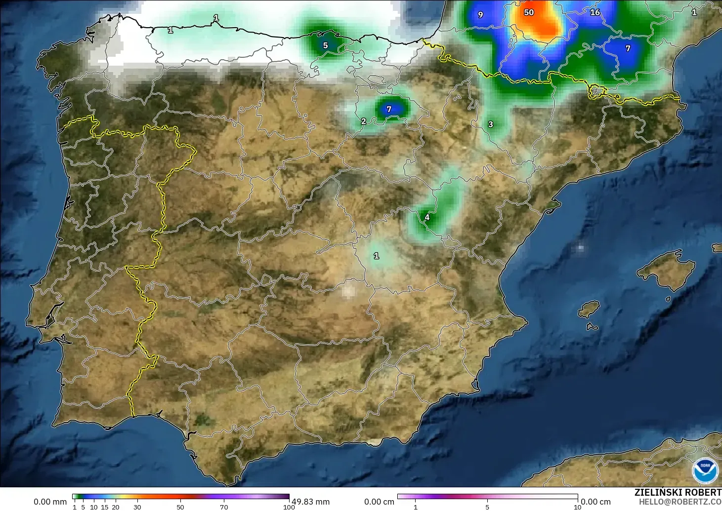 GFS model - Spain, Precipitation, Clouds, and Pressure