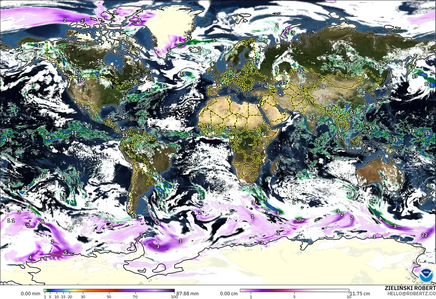 GFS model - World, Precipitation, Clouds, and Pressure