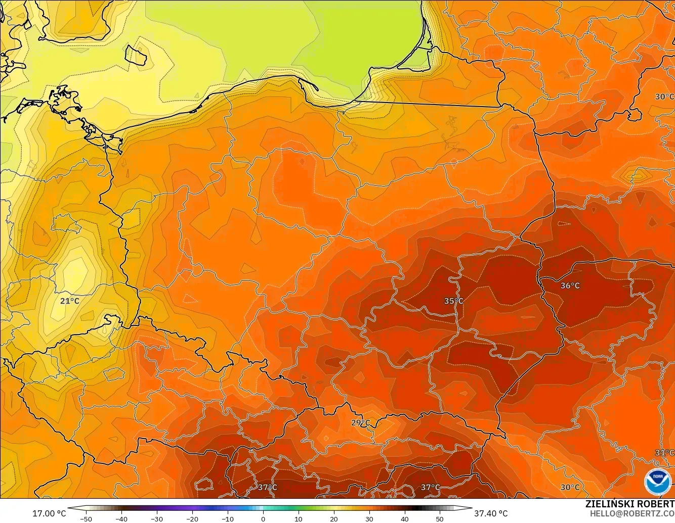 GFS model - Poland, Temperature at 2m