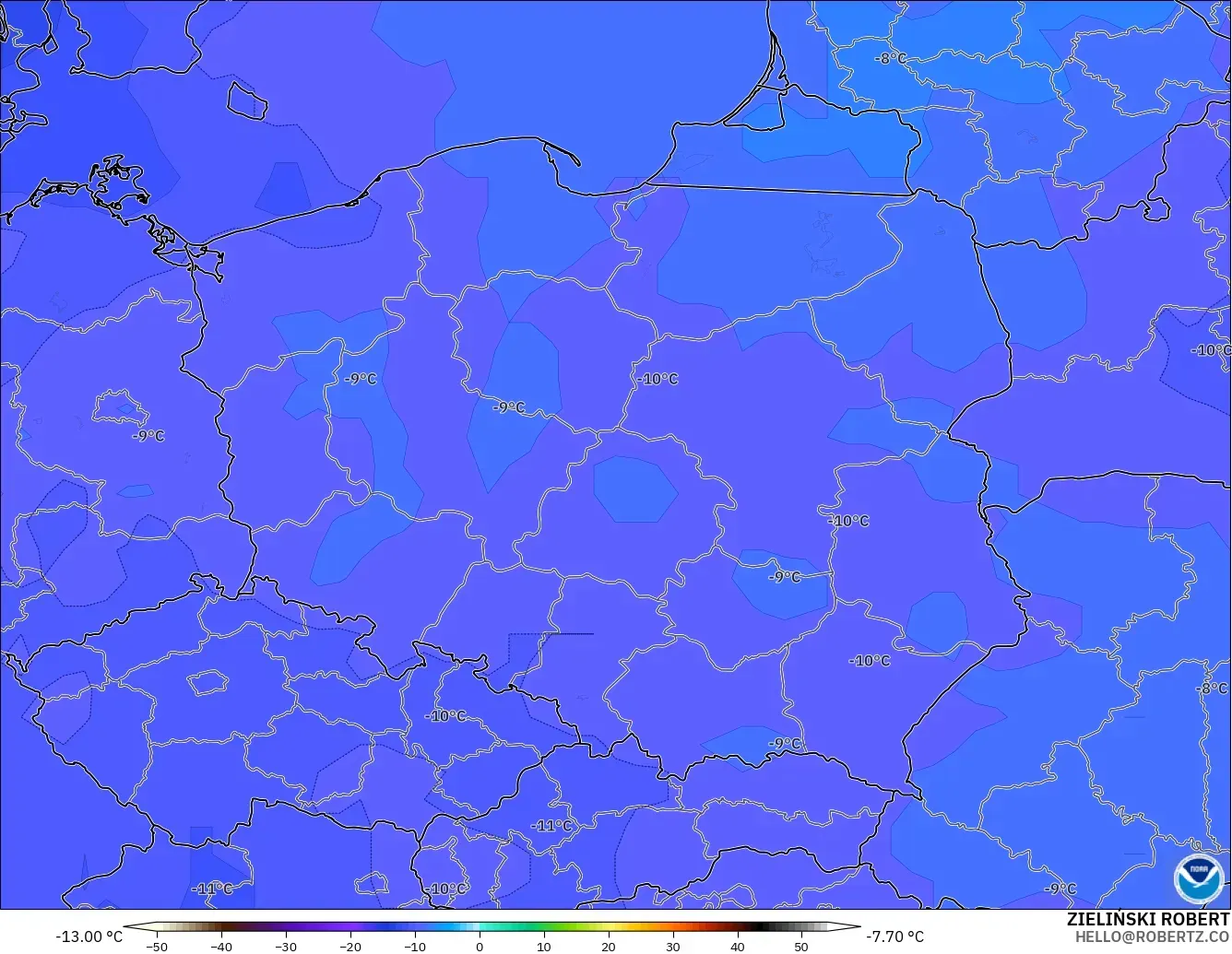 GFS model - Poland, Temperature at 500hPa