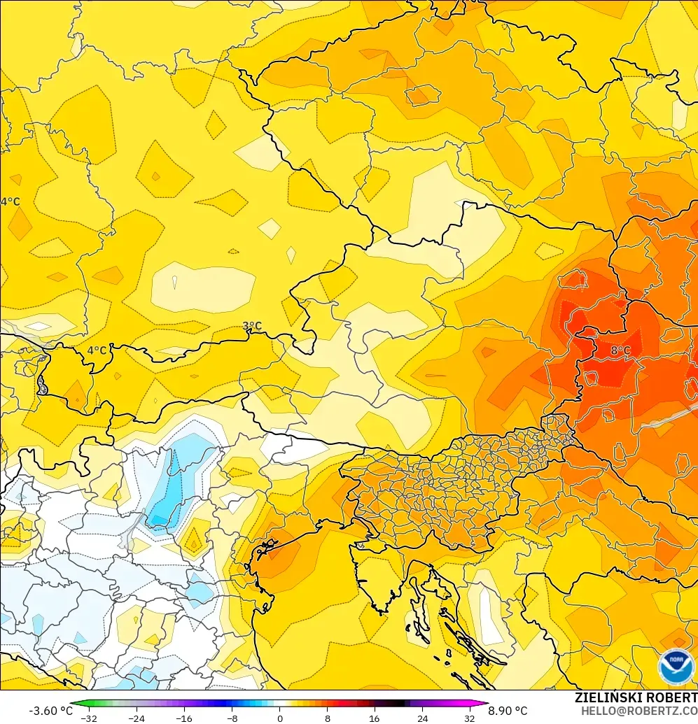GFS model - Austria, Temperature at 2m Anomaly