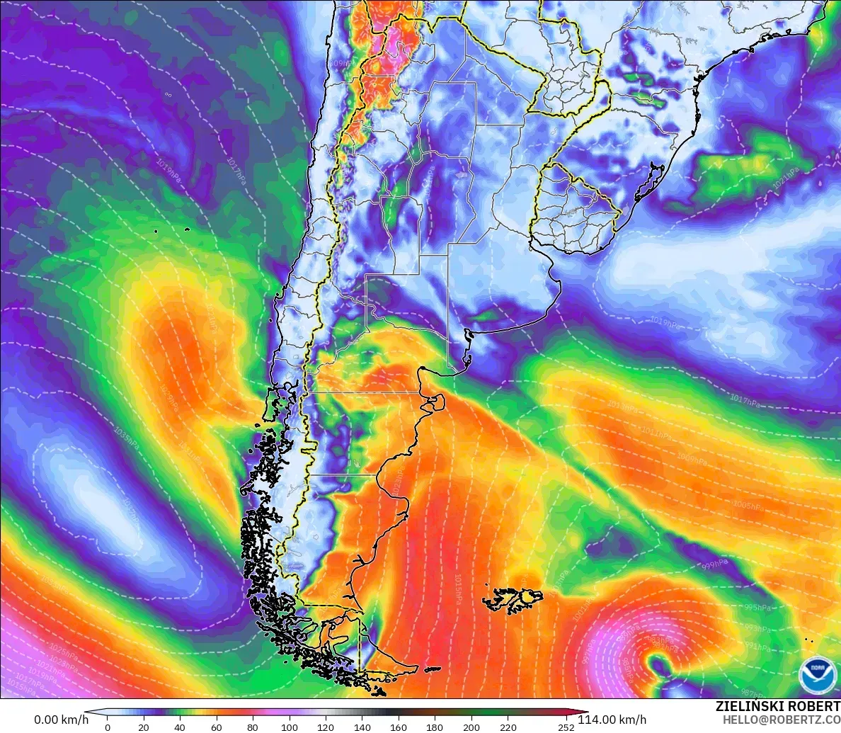 GFS model - Argentina, Wind Gusts Peak