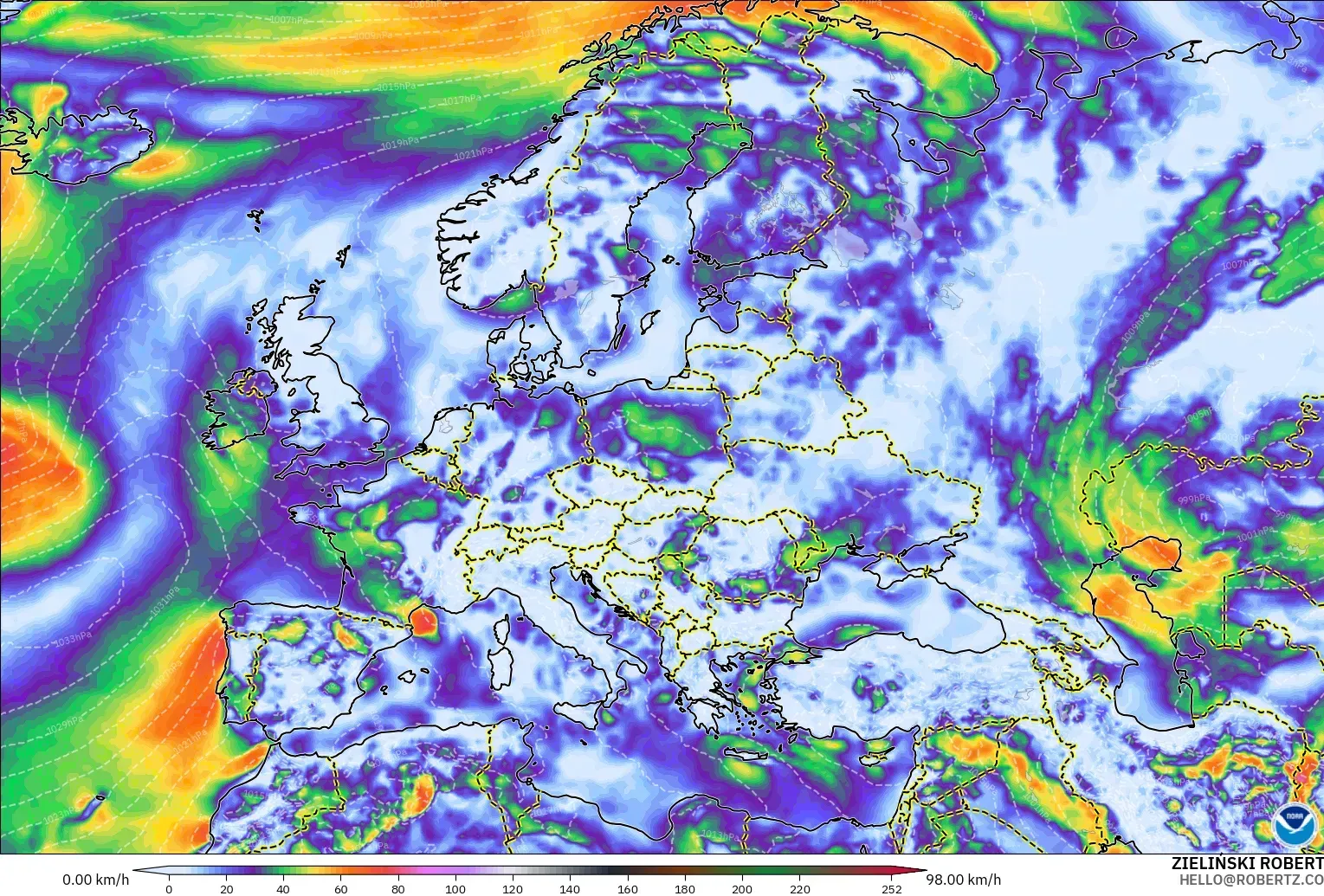 GFS model - Europe, Wind Gusts Peak