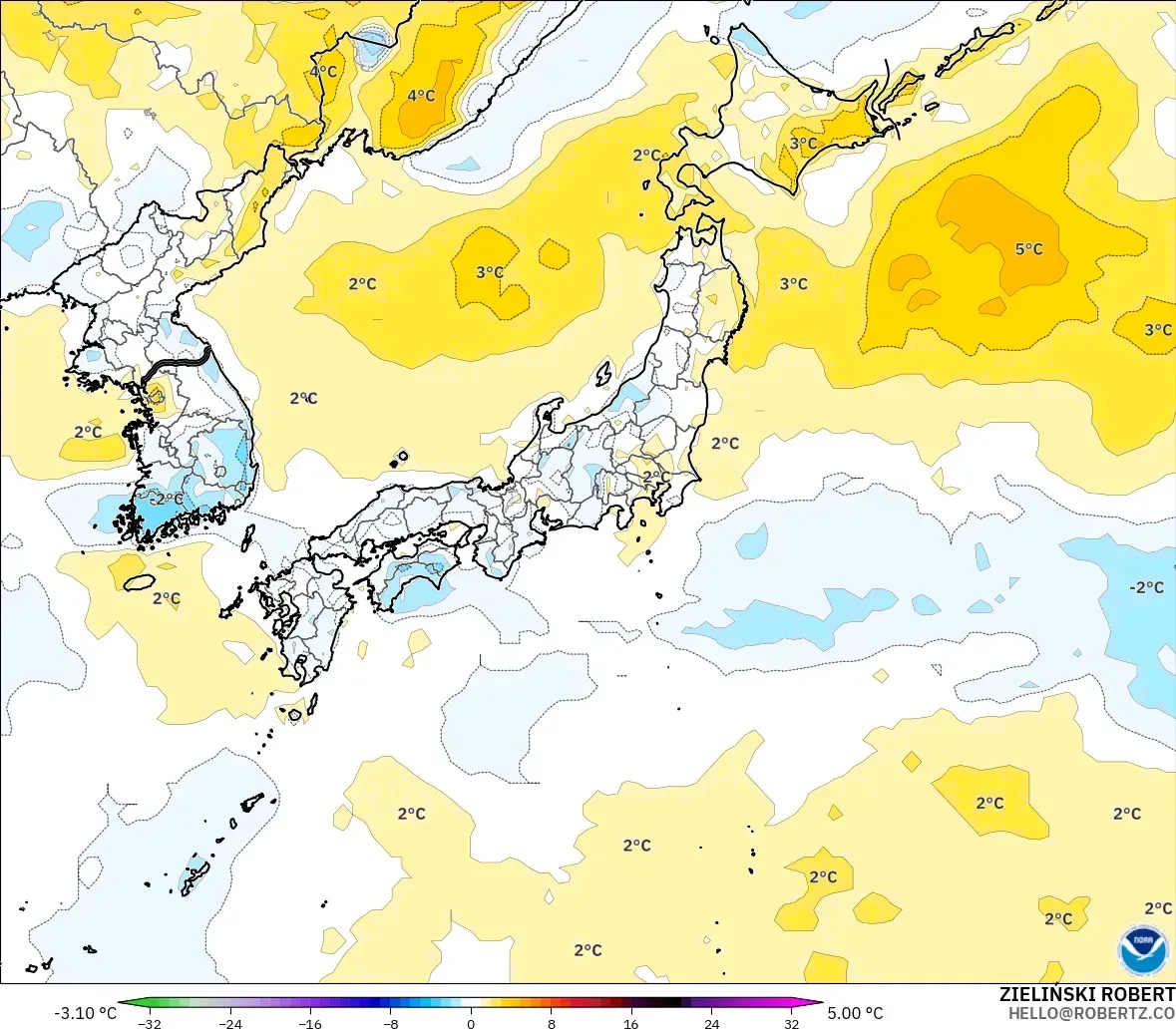 GFS model - Japan, Temperature at 2m Anomaly