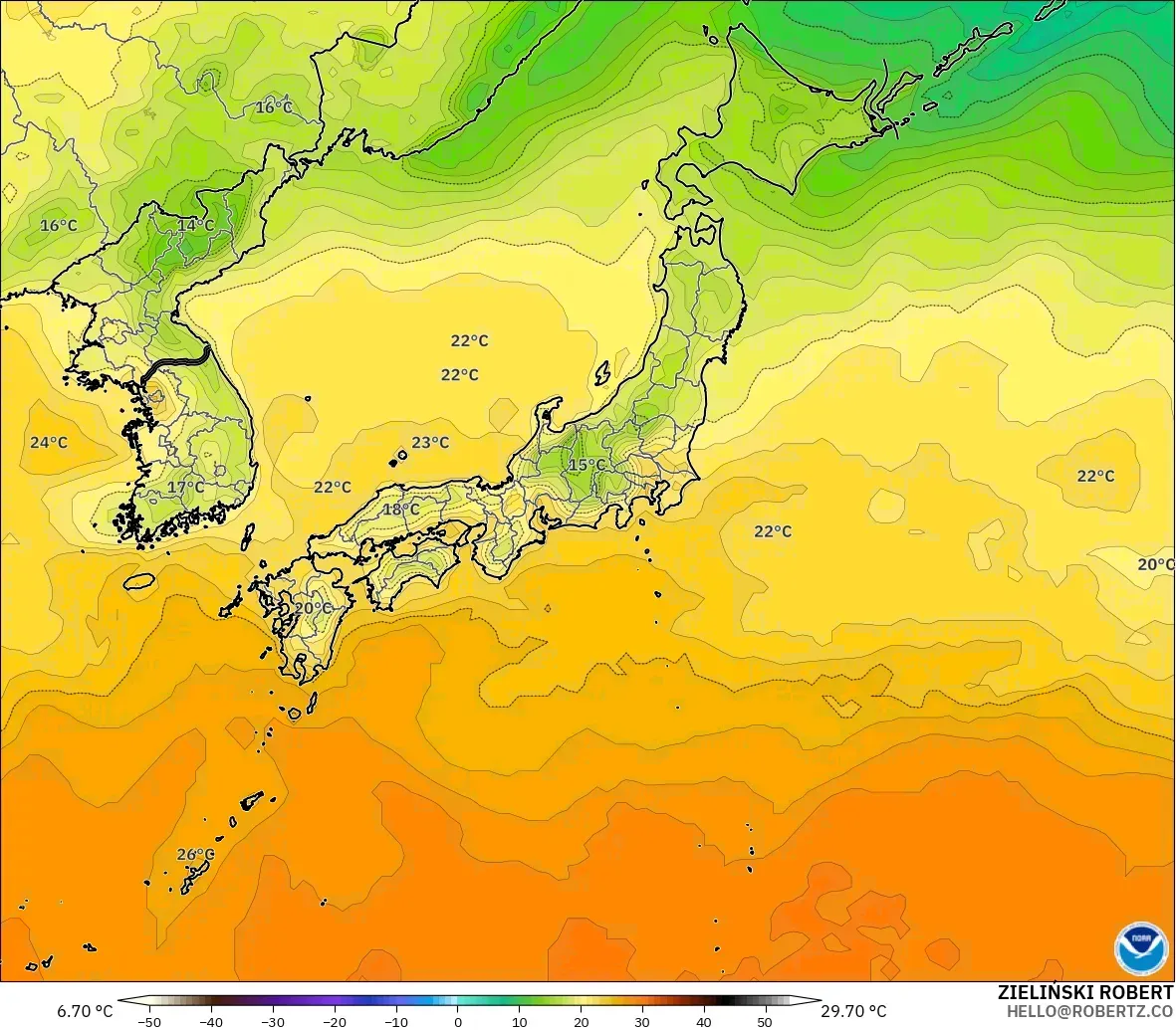 GFS model - Japan, Temperature at 2m