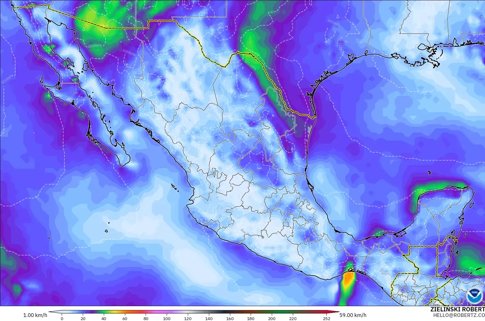 GFS model - Mexico, Wind Gusts Peak
