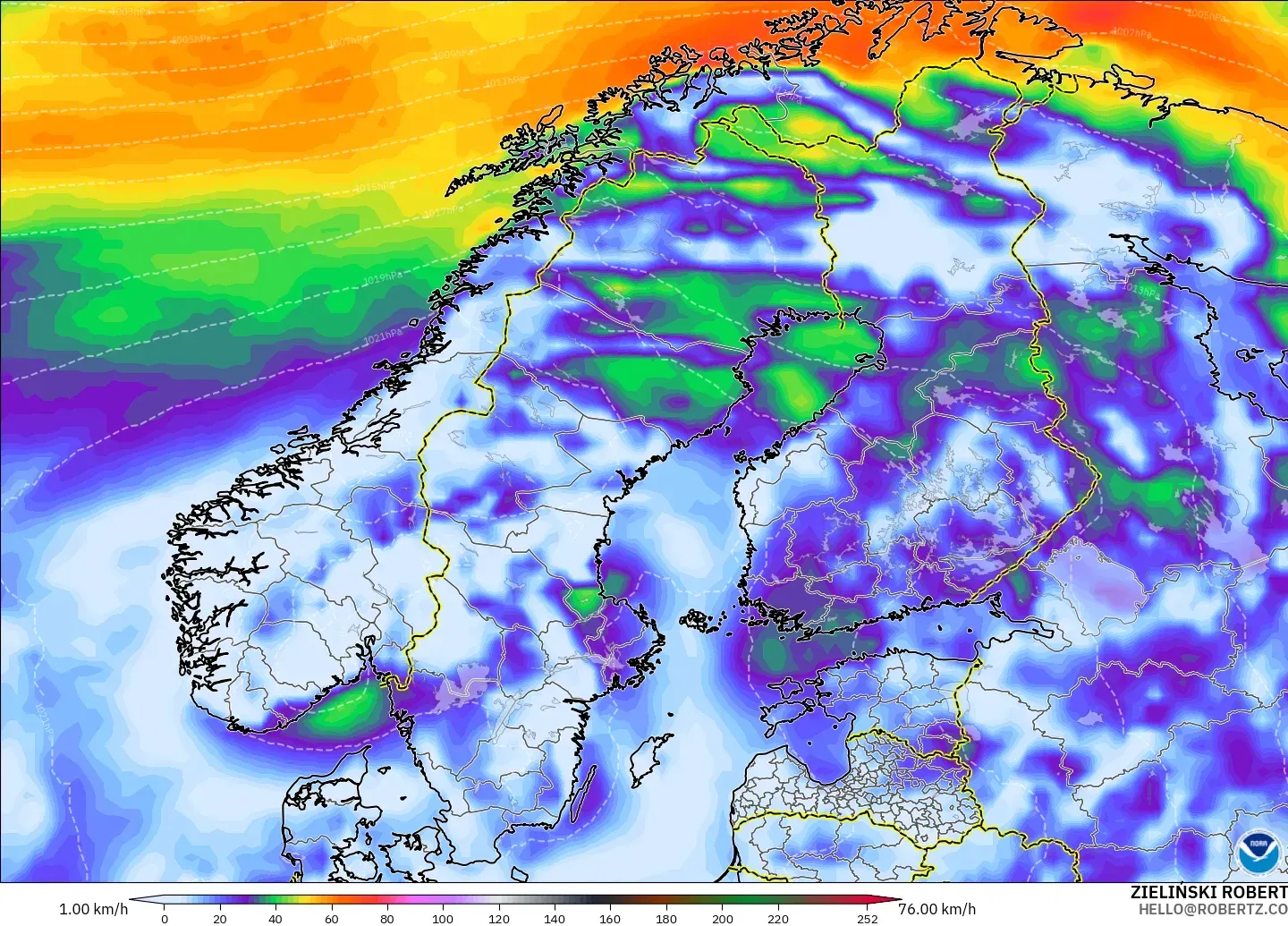 GFS model - Scandinavia, Wind Gusts Peak