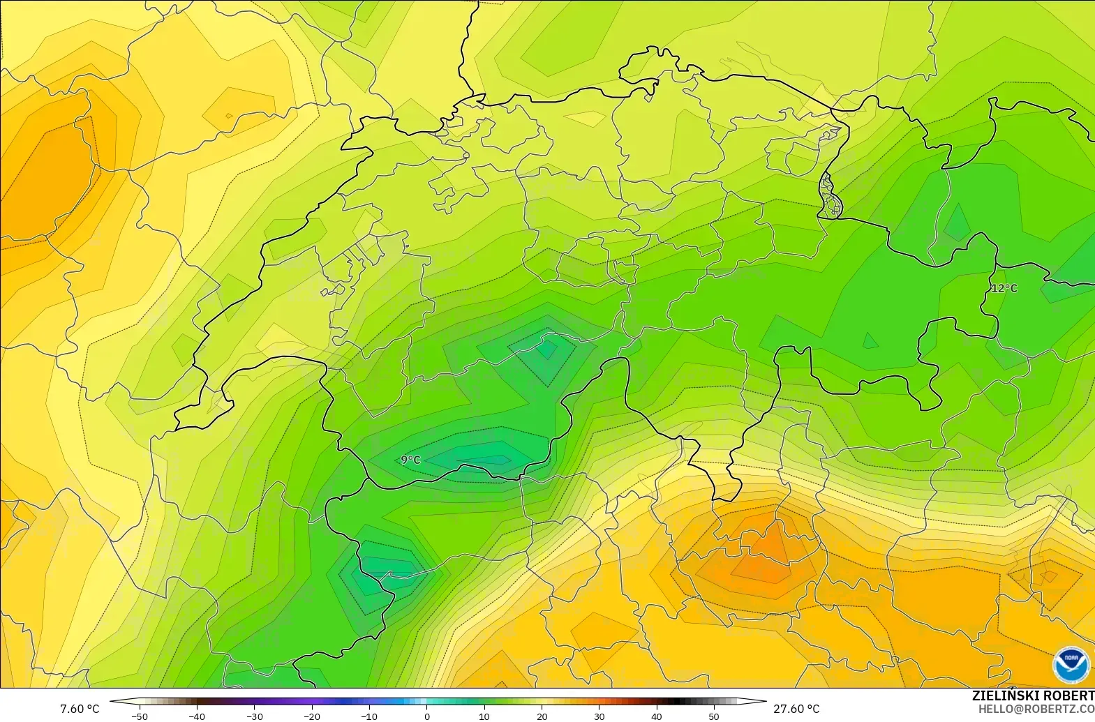 GFS model - Switzerland, Temperature at 2m