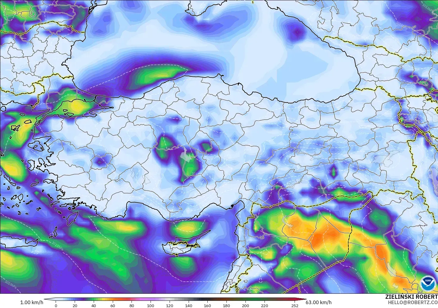 GFS model - Turkey, Wind Gusts Peak