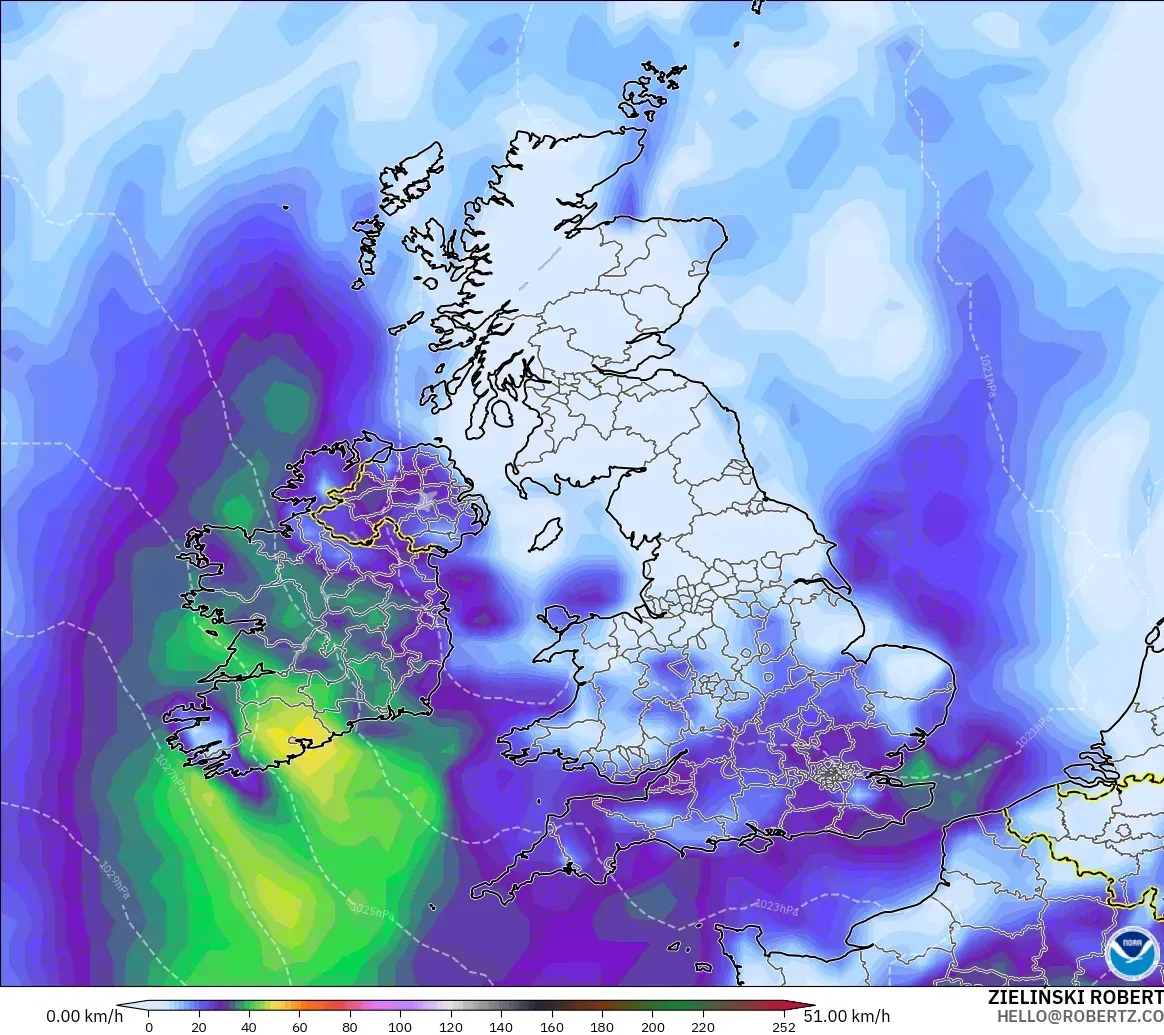 GFS model - United Kingdom, Wind Gusts Peak