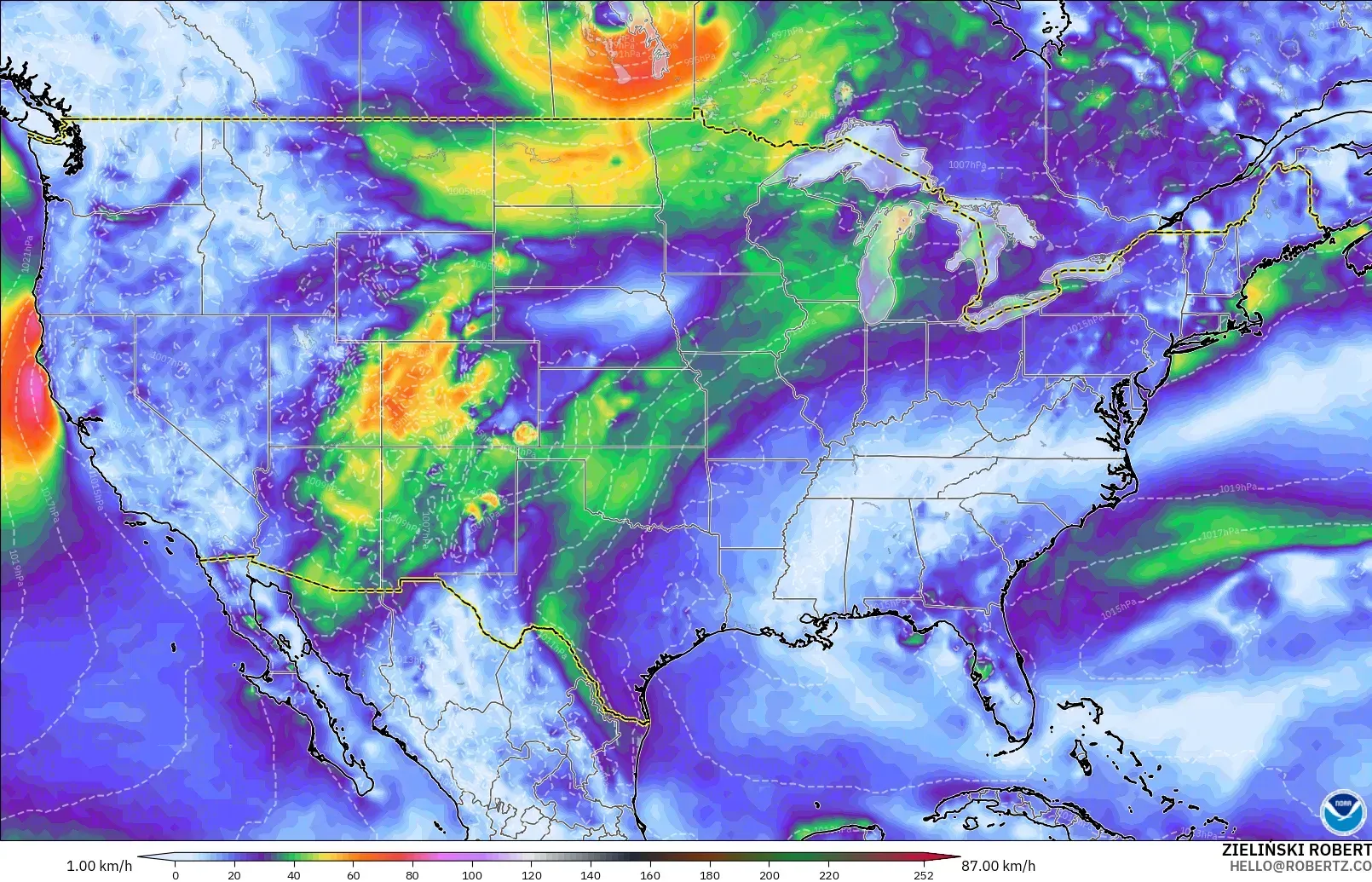 GFS model - United States, Wind Gusts Peak