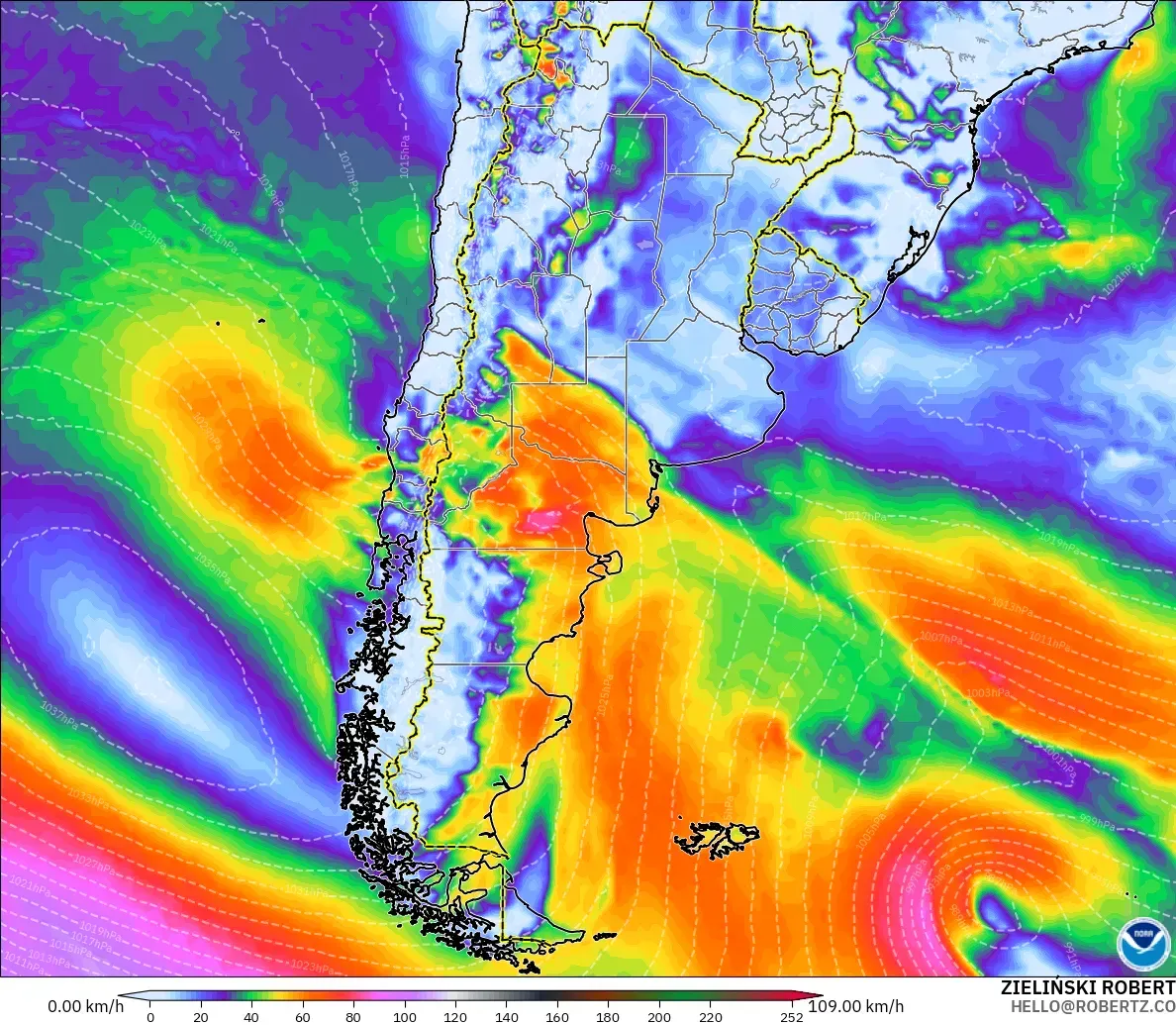 GFS model - Argentina, Wind Gusts Peak