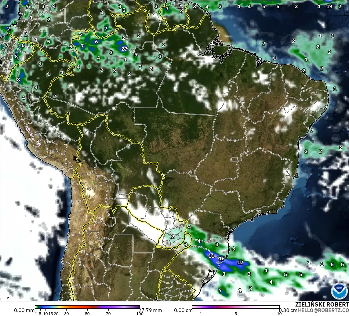 GFS model - Brazil, Precipitation, Clouds, and Pressure
