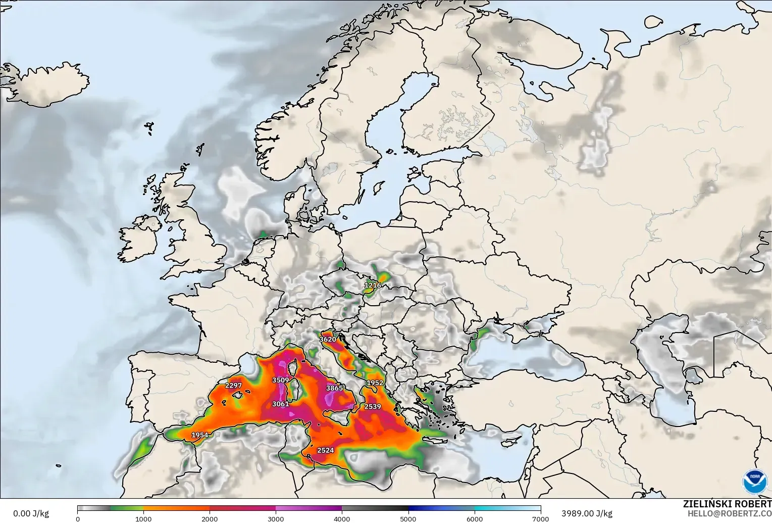 GFS model - Europe, CAPE