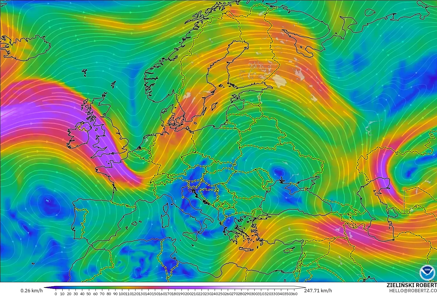 GFS model - Europe, Wind at 300hPa (jet stream)