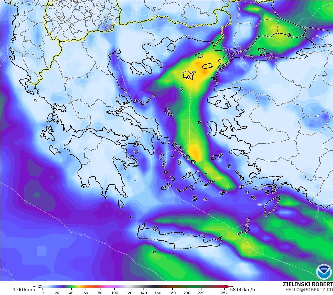 GFS model - Greece, Wind Gusts Peak