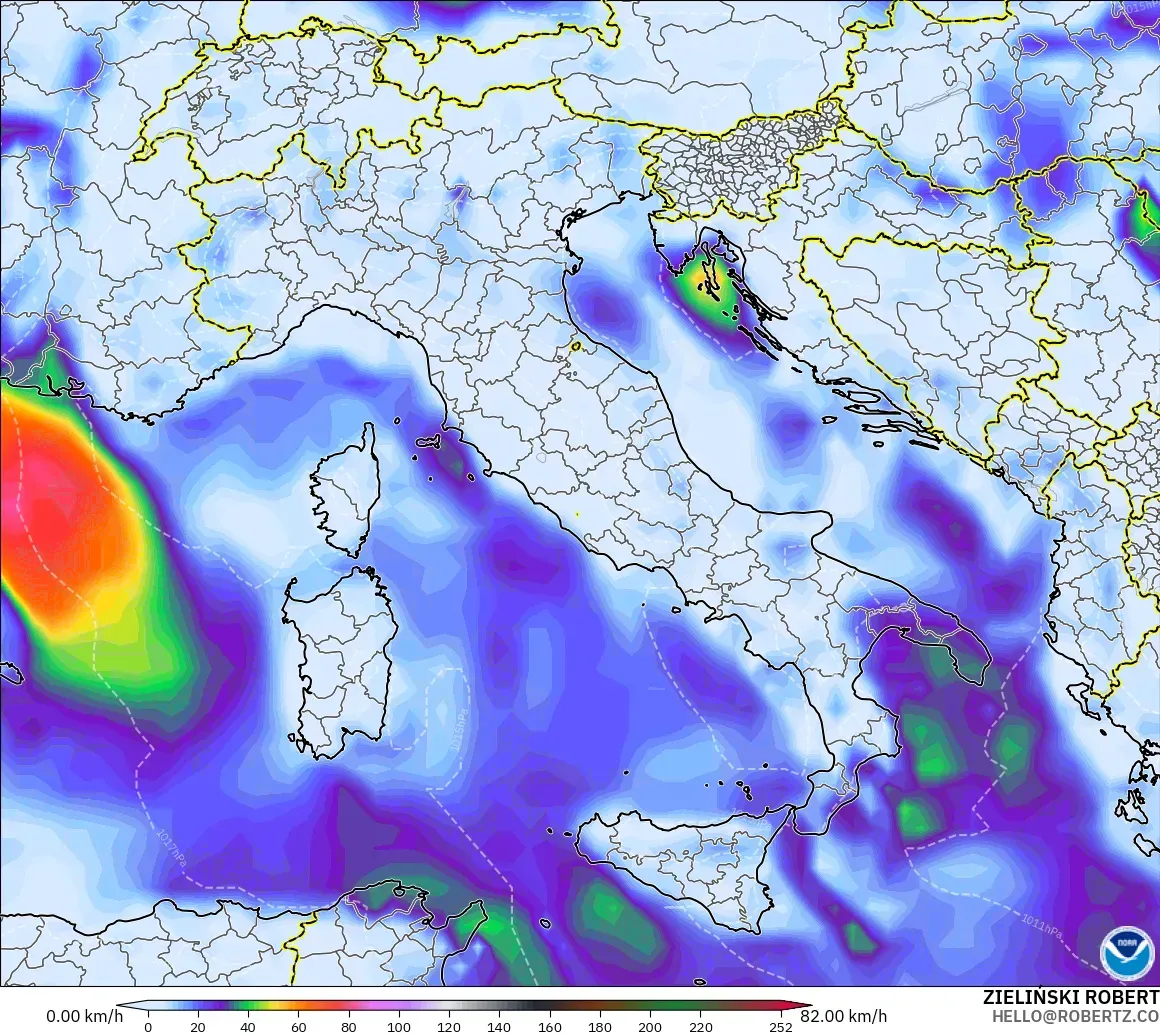 GFS model - Italy, Wind Gusts Peak
