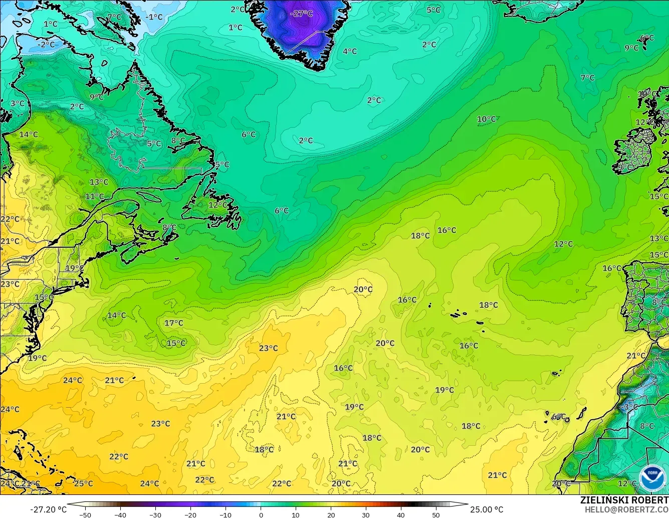 GFS model - North Atlantic, Dewpoint at 2m