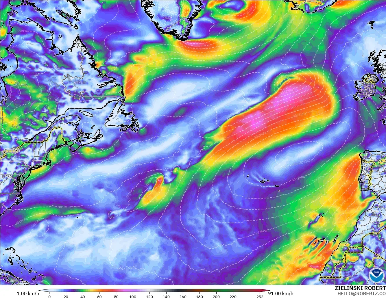 GFS model - North Atlantic, Wind Gusts Peak