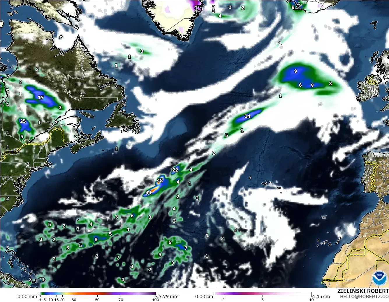 GFS model - North Atlantic, Precipitation, Clouds, and Pressure