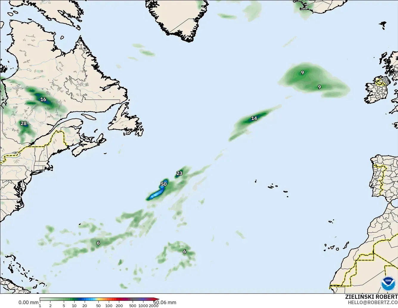 GFS model - North Atlantic, Precipitation Accumulation