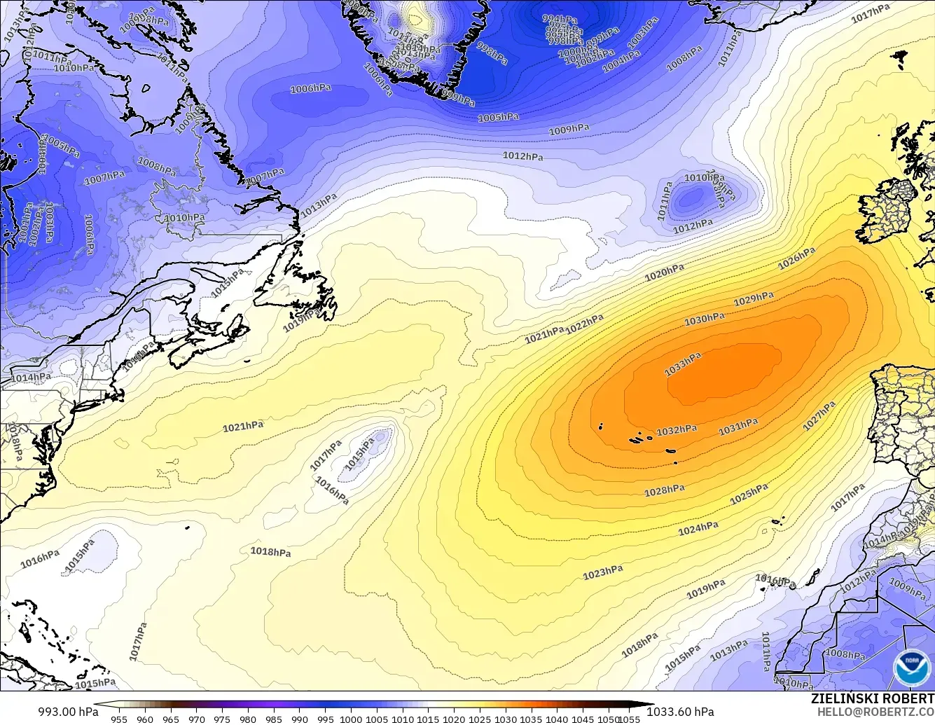 GFS model - North Atlantic, Pressure
