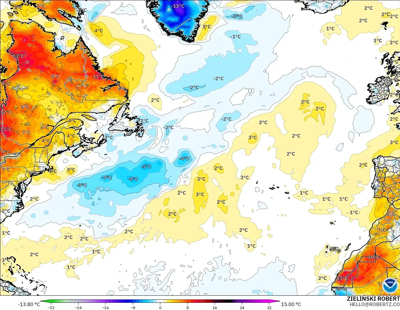 GFS model - North Atlantic, Temperature at 2m Anomaly