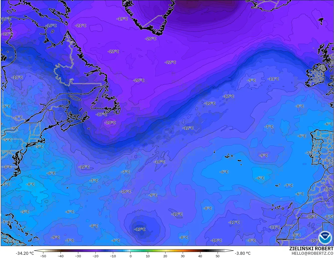 GFS model - North Atlantic, Temperature at 500hPa