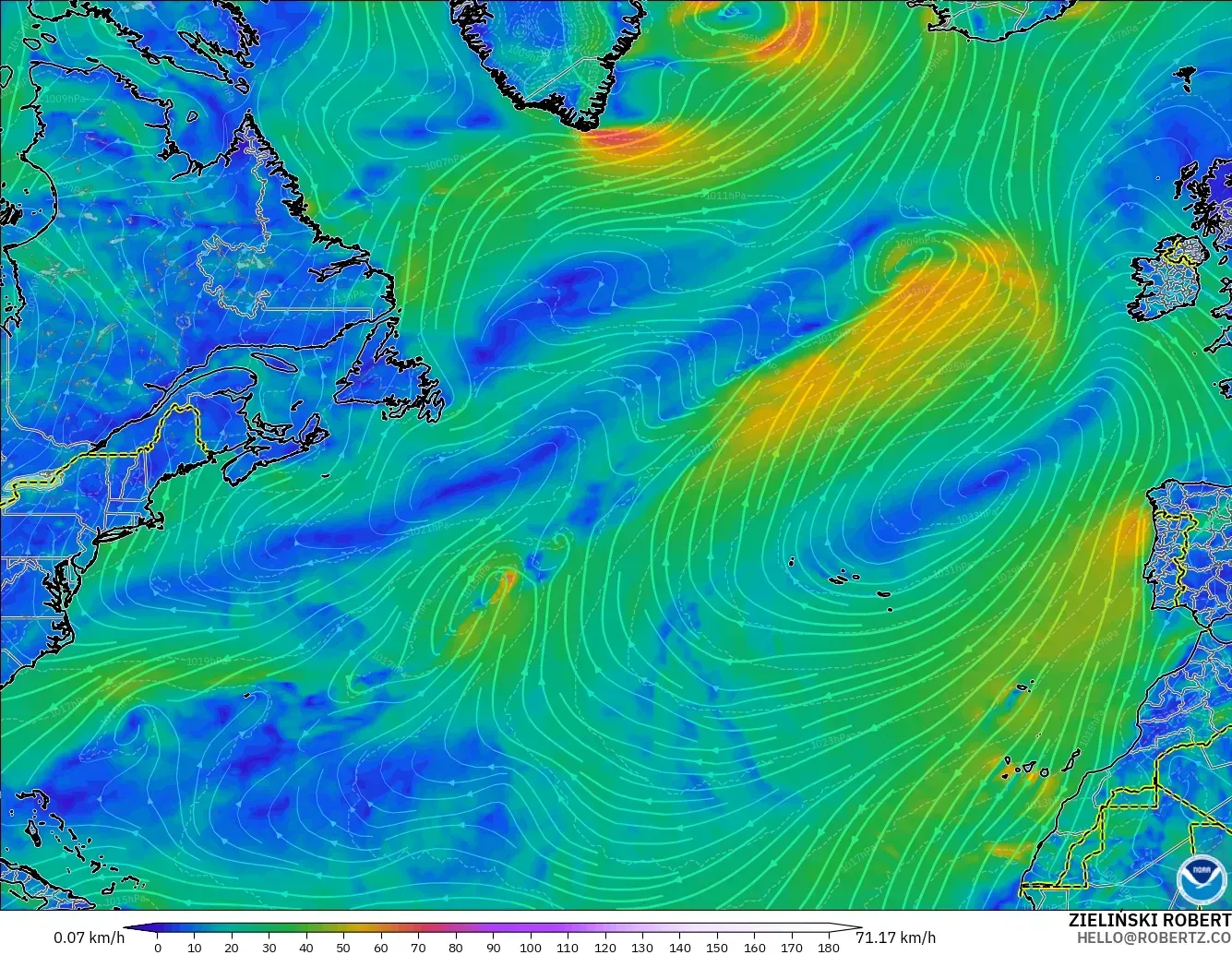 GFS model - North Atlantic, Wind at 10m