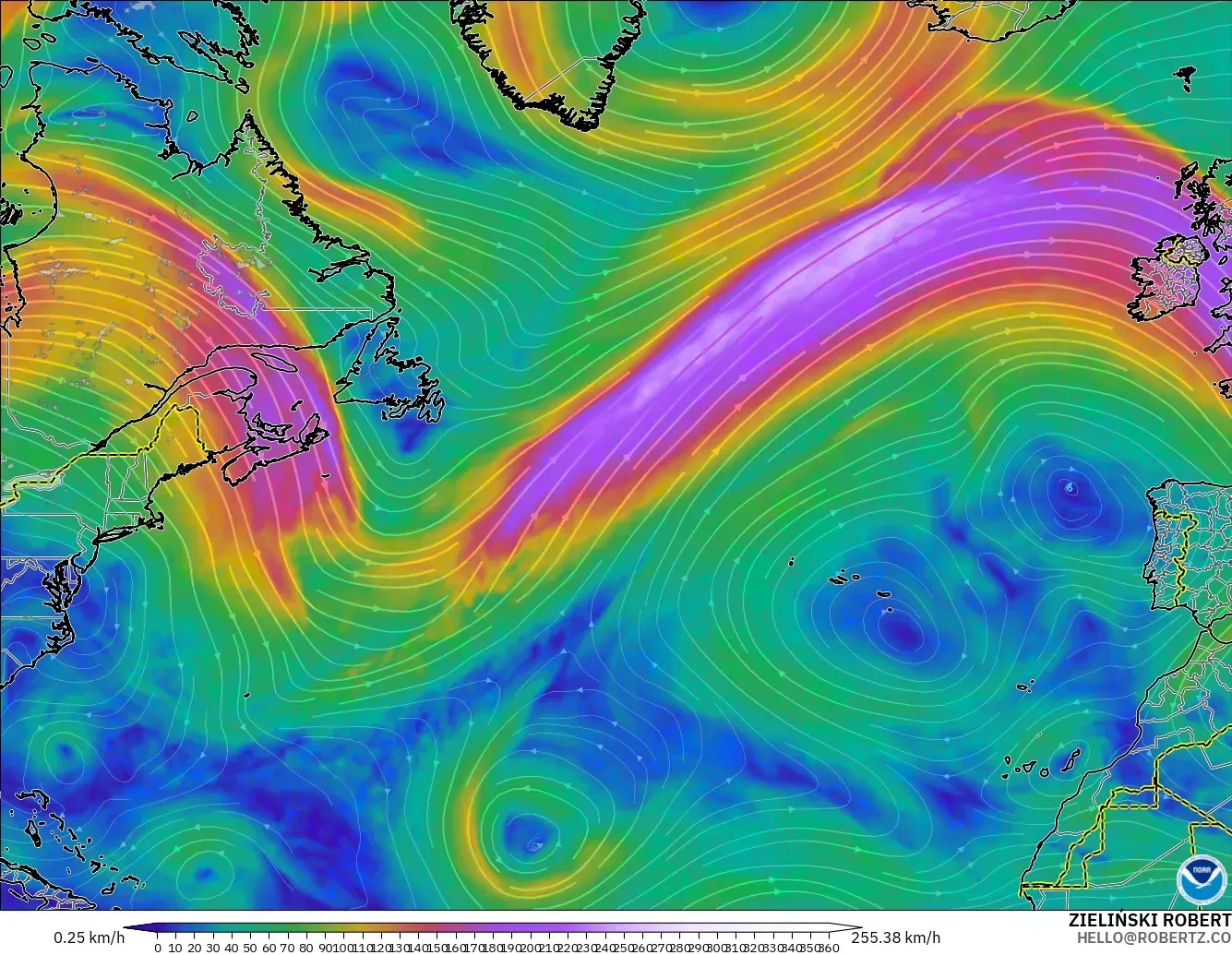 GFS model - North Atlantic, Wind at 300hPa (jet stream)