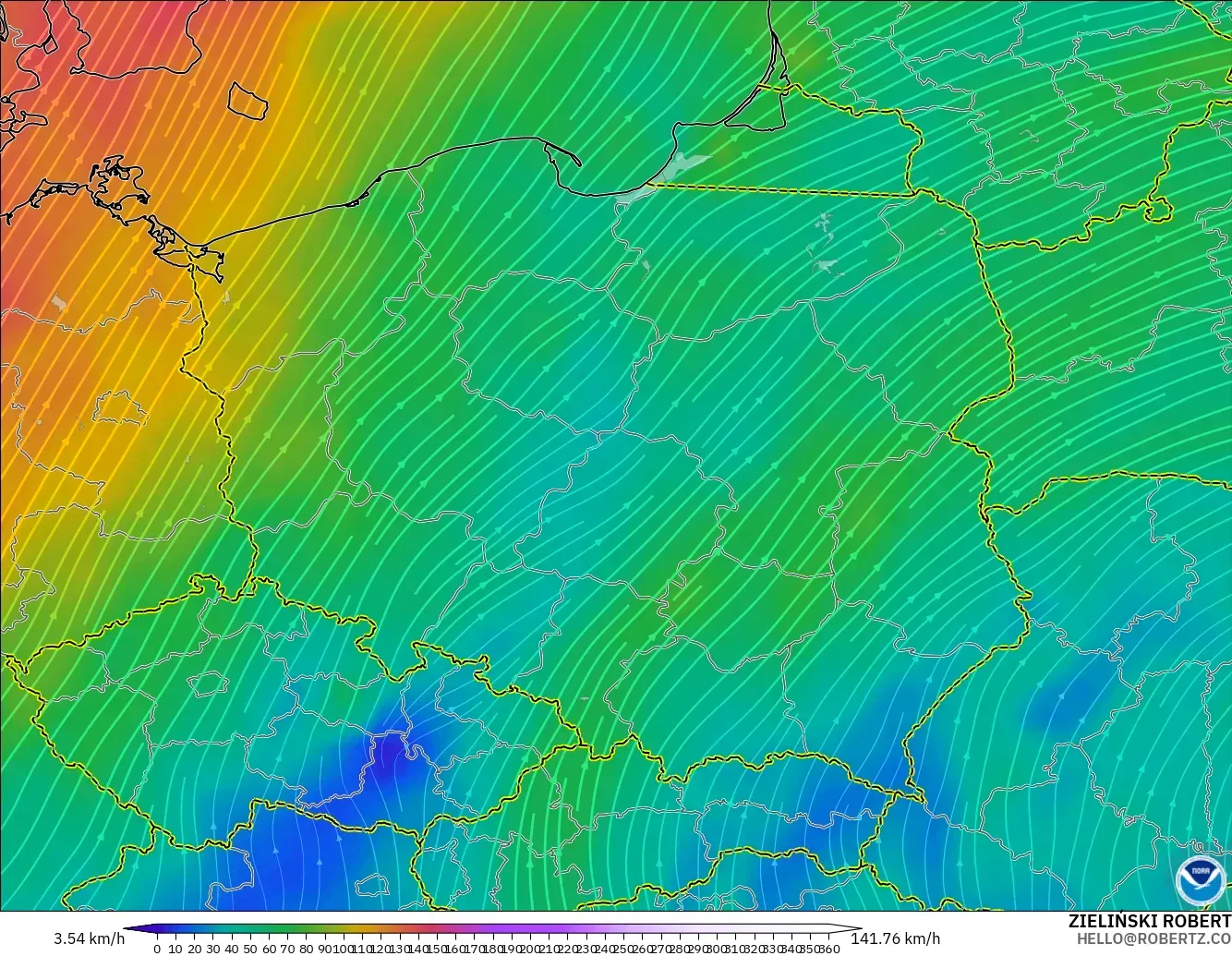 GFS model - Poland, Wind at 300hPa (jet stream)