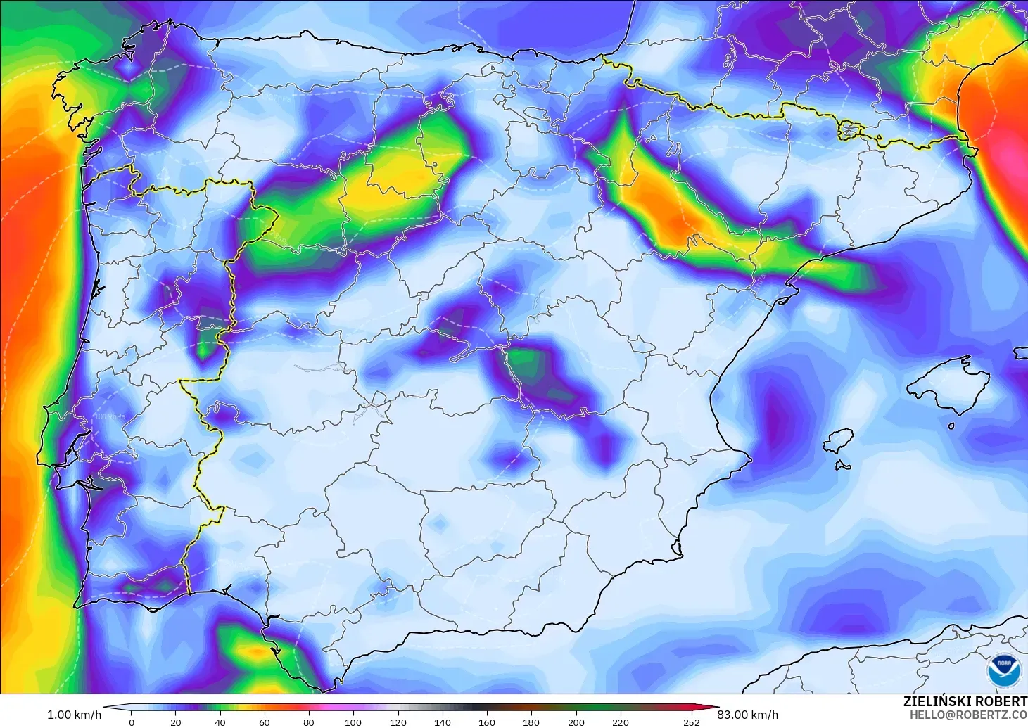 GFS model - Spain, Wind Gusts