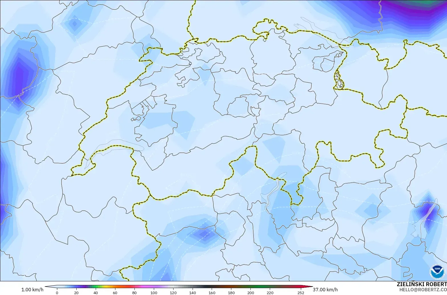 GFS model - Switzerland, Wind Gusts Peak