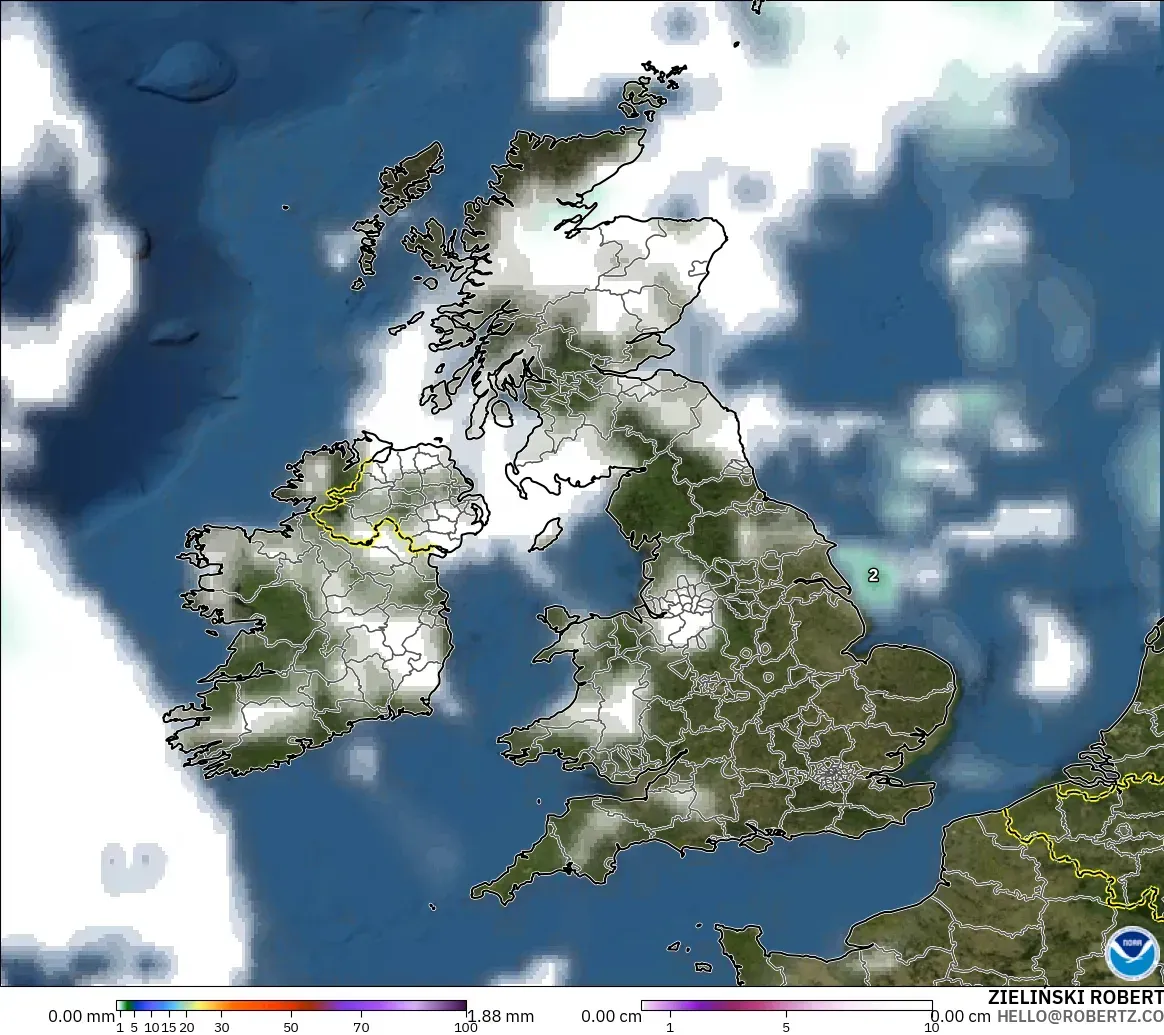 GFS model - United Kingdom, Precipitation, Clouds, and Pressure