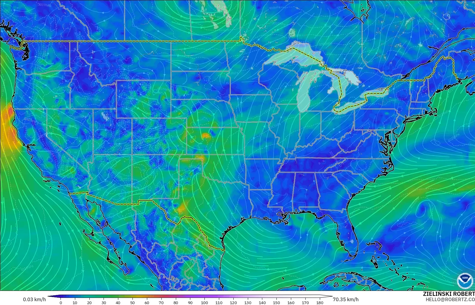 GFS model - United States, Wind at 10m