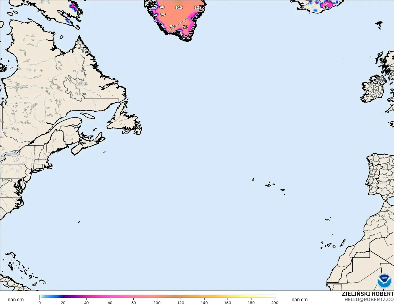 GFS model - North Atlantic, Snow Depth