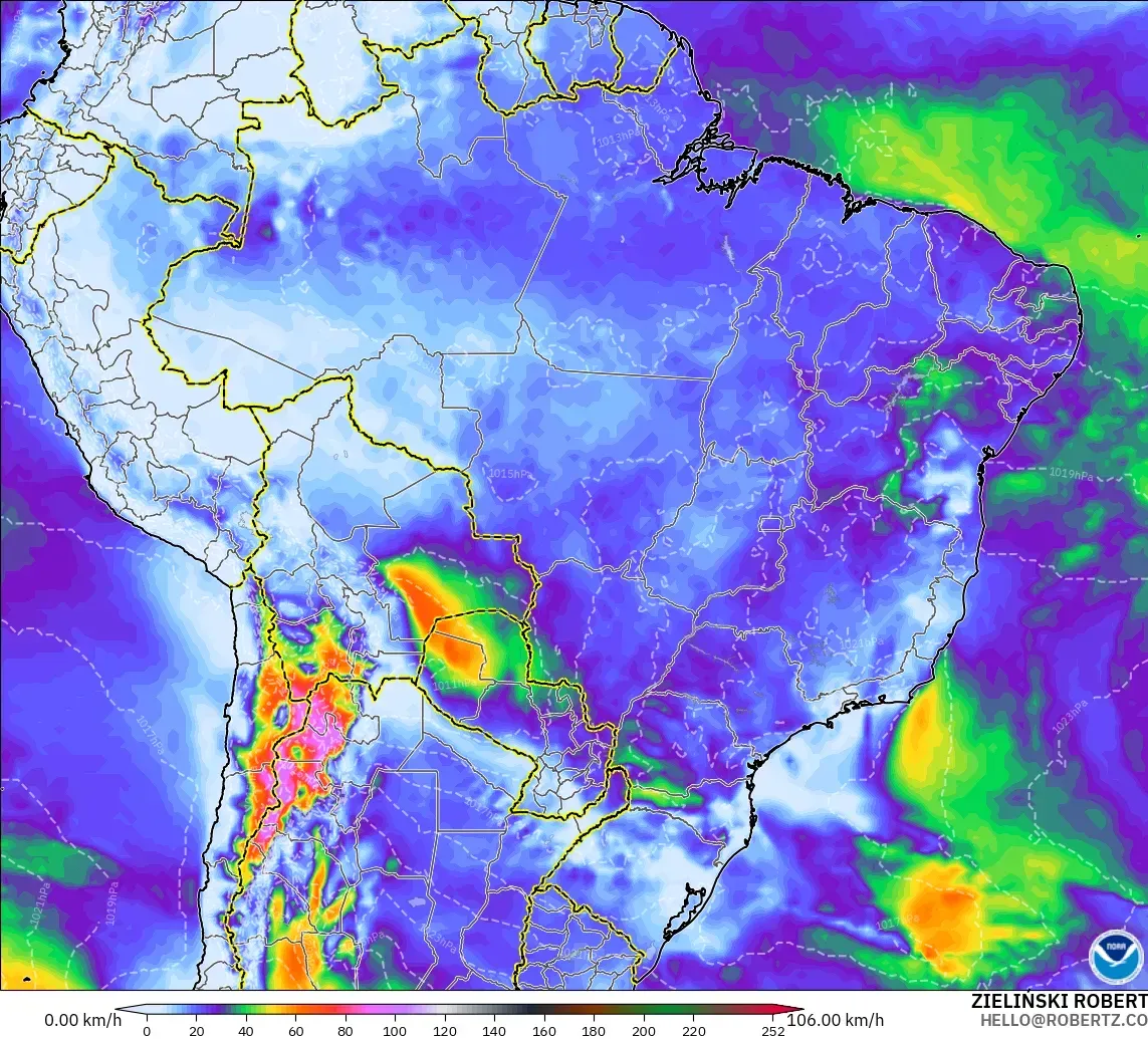 GFS model - Brazil, Wind Gusts Peak