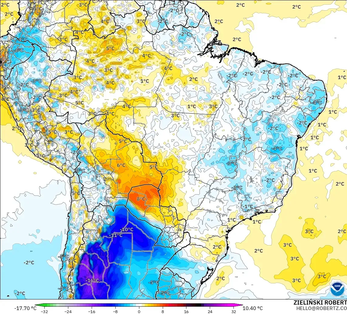 GFS model - Brazil, Temperature at 2m Anomaly