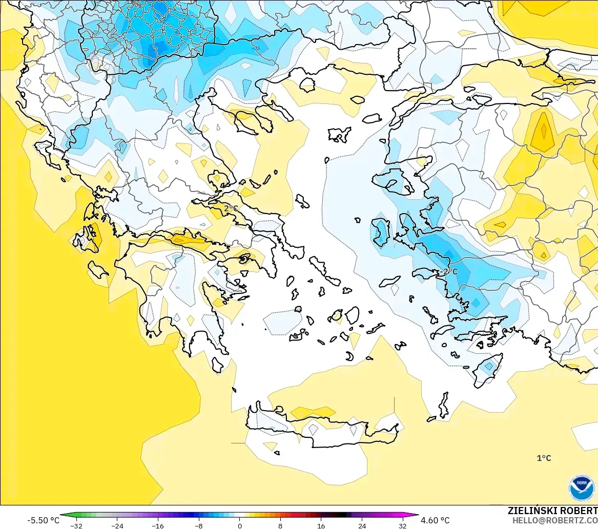 GFS model - Greece, Temperature at 2m Anomaly