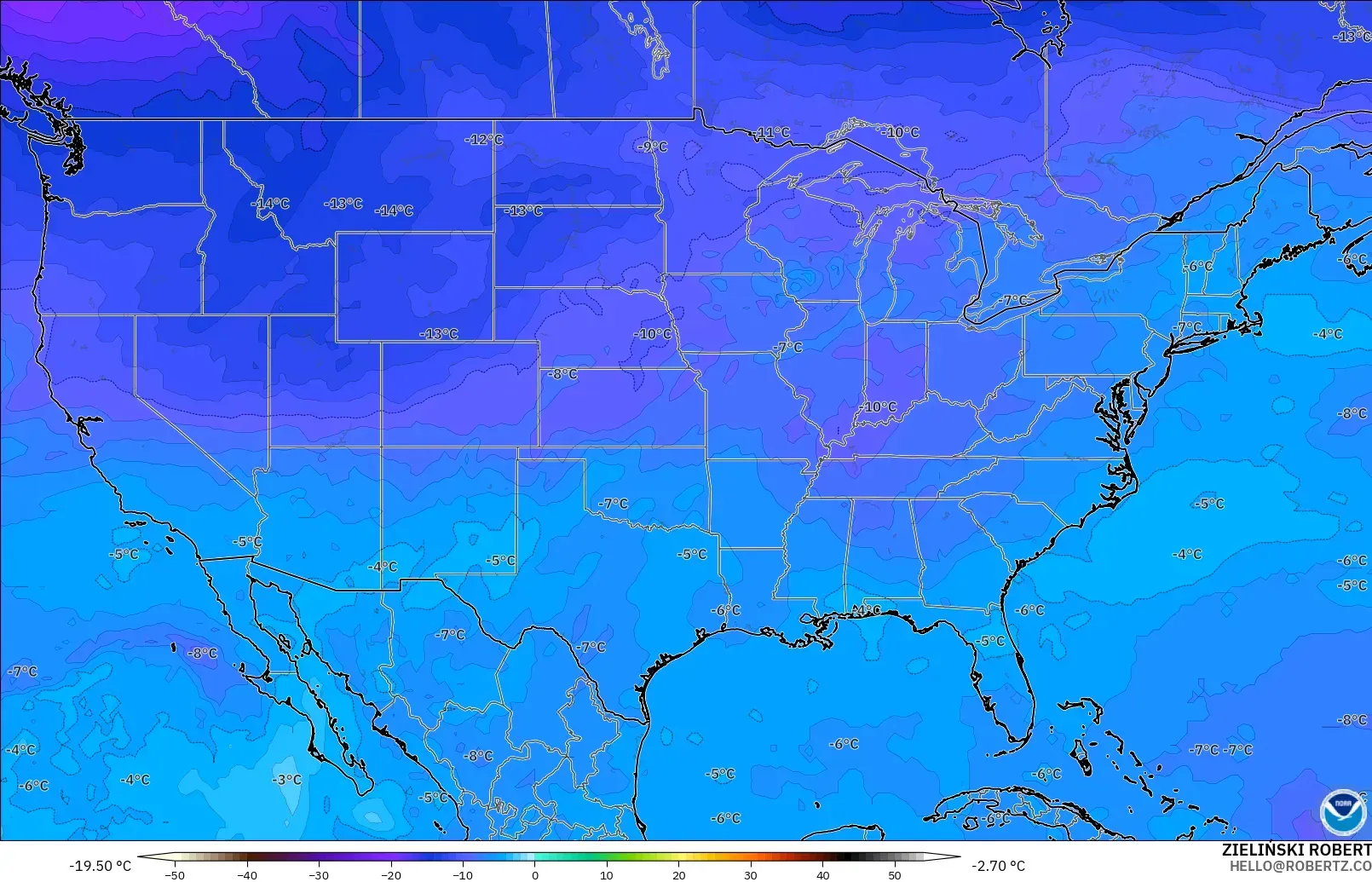 GFS model - United States, Temperature at 500hPa